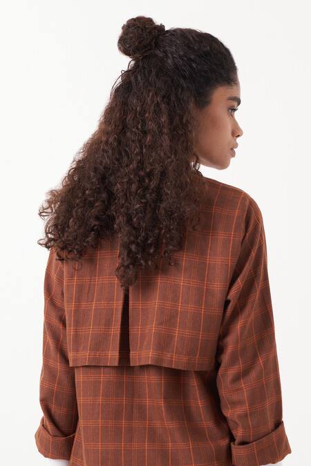 Shop Three Brown Melange Chequered Lapel Collar Kaftan Jacket With Pant Online at Aza Fashions Shop_Three_Brown Melange Chequered Lapel Collar Kaftan Jacket With Pant _Online_at_Aza_Fashions