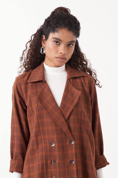 Three Brown Melange Chequered Lapel Collar Kaftan Jacket With Pant at Aza Fashions Three_Brown Melange Chequered Lapel Collar Kaftan Jacket With Pant _at_Aza_Fashions