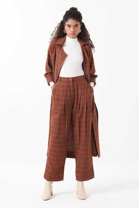 Buy Three Brown Melange Chequered Lapel Collar Kaftan Jacket With Pant Buy_Three_Brown Melange Chequered Lapel Collar Kaftan Jacket With Pant
