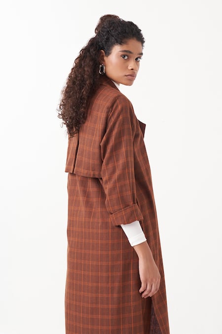 Shop_Three_Brown Melange Chequered Lapel Collar Kaftan Jacket And Pant Set _at_Aza_Fashions