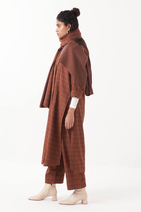 Shop_Three_Brown Melange Chequered Lapel Collar Kaftan Jacket And Pant Set _Online_at_Aza_Fashions