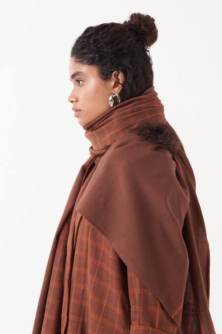 Three_Brown Melange Chequered Lapel Collar Kaftan Jacket And Pant Set _at_Aza_Fashions