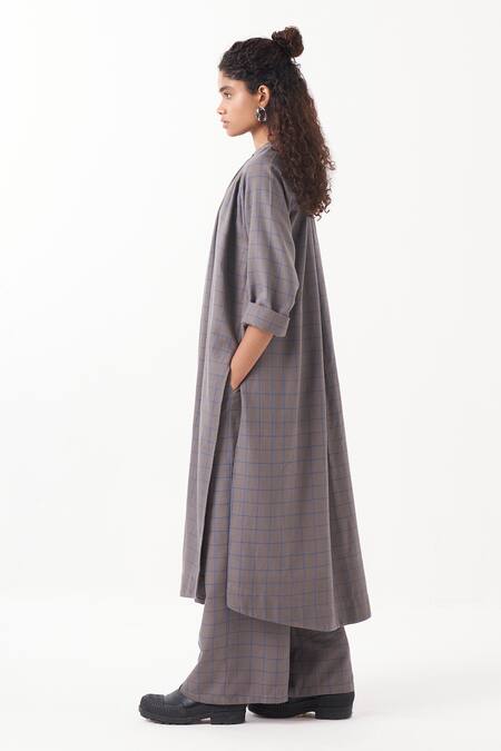 Buy Three Grey Melange Chequered Mandarin Collar Long Shirt With Pant Online at Aza Fashions Buy_Three_Grey Melange Chequered Mandarin Collar Long Shirt With Pant _Online_at_Aza_Fashions
