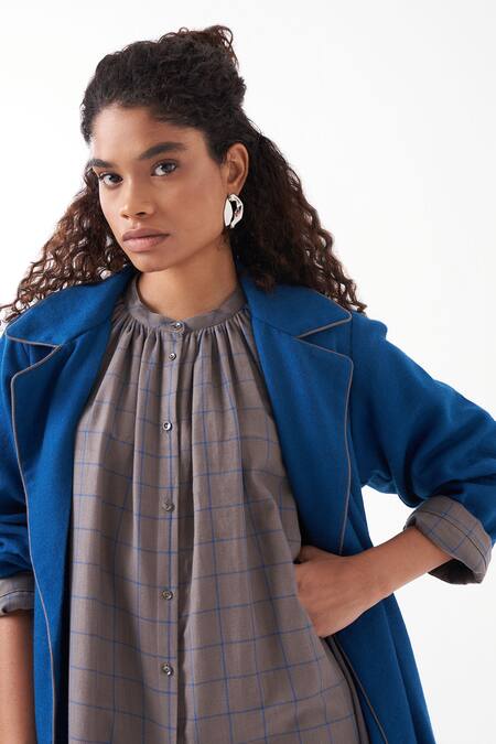 Three Grey Jacket Wool Chequered Mandarin Collar Long Shirt And Pant Set at Aza Fashions Three_Grey Jacket Wool Chequered Mandarin Collar Long Shirt And Pant Set _at_Aza_Fashions