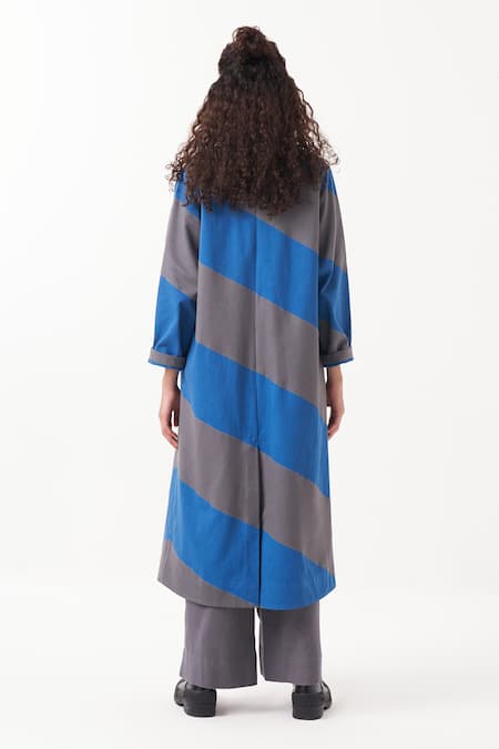 Shop_Three_Grey Jacket  Twill And Melange Applique Diagonal Panel Color Block & Pant Set _at_Aza_Fashions