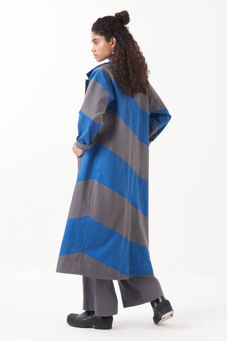 Three_Grey Jacket  Twill And Melange Applique Diagonal Panel Color Block & Pant Set _at_Aza_Fashions