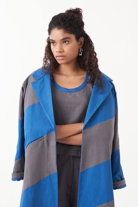 Shop_Three_Grey Jacket  Twill And Melange Applique Diagonal Panel Color Block & Pant Set 