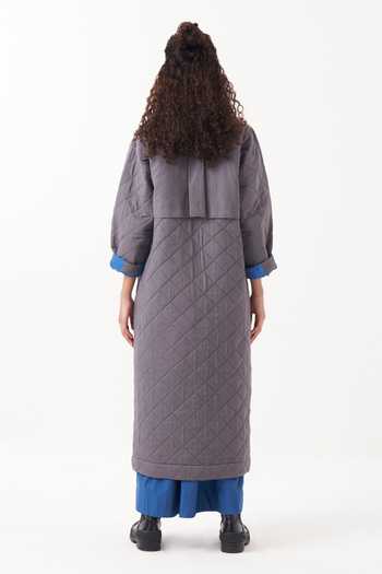Shop Three Blue Jacket Twill And Melange Plain Dress V Neck Reversible Quilted With at Aza Fashions Shop_Three_Blue Jacket Twill And Melange Plain Dress V Neck Reversible Quilted With _at_Aza_Fashions