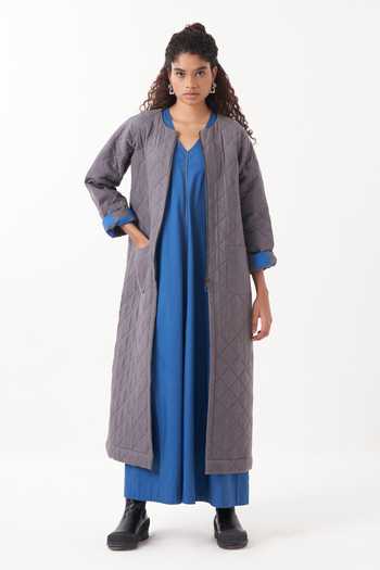 Shop Three Blue Jacket Twill And Melange Plain Dress V Neck Reversible Quilted With Online at Aza Fashions Shop_Three_Blue Jacket Twill And Melange Plain Dress V Neck Reversible Quilted With _Online_at_Aza_Fashions