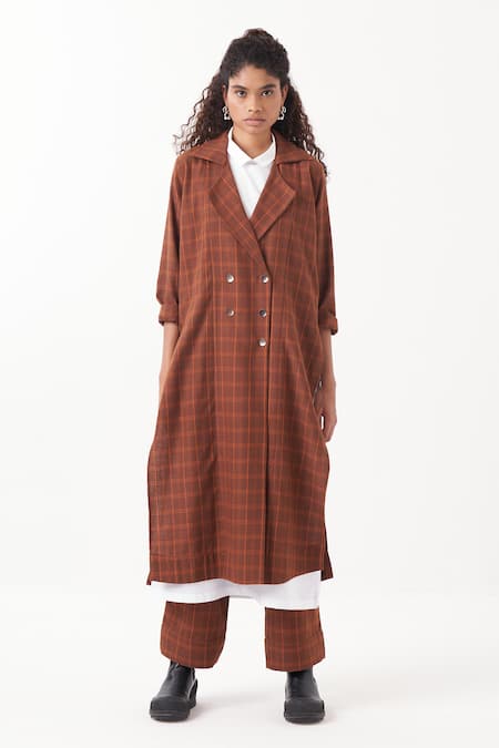 THREE Chequered Kaftan Long Jacket & Pant Set 