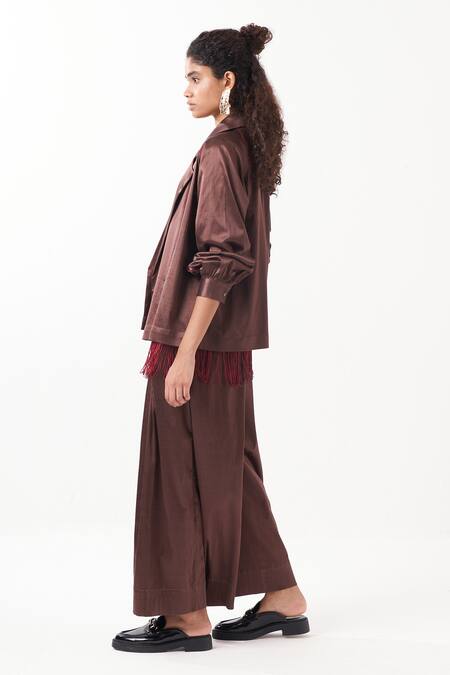 Shop_Three_Brown Jacket And Pant Satin Lycra Applique Floral Plain & Box Pleated Set _Online_at_Aza_Fashions