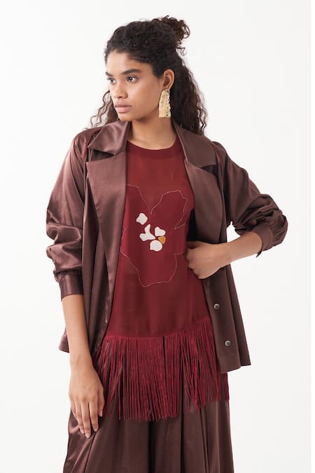 Three_Brown Jacket And Pant Satin Lycra Applique Floral Plain & Box Pleated Set _at_Aza_Fashions