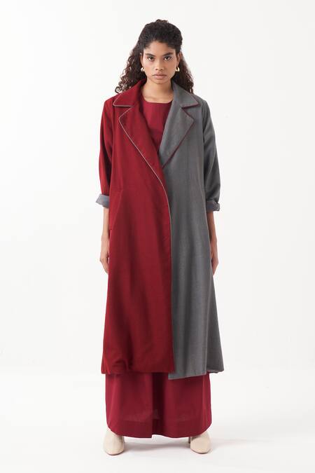 Three Maroon Jacket Wool And Melange Plain Jacket Lapel Color Block & Skirt Set Online at Aza Fashions Three_Maroon Jacket Wool And Melange Plain Jacket Lapel Color Block & Skirt Set _Online_at_Aza_Fashions