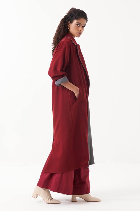 Buy Three Maroon Jacket Wool And Melange Plain Jacket Lapel Color Block & Skirt Set Online at Aza Fashions Buy_Three_Maroon Jacket Wool And Melange Plain Jacket Lapel Color Block & Skirt Set _Online_at_Aza_Fashions