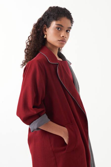 Shop Three Maroon Jacket Wool And Melange Plain Jacket Lapel Color Block & Skirt Set Online at Aza Fashions Shop_Three_Maroon Jacket Wool And Melange Plain Jacket Lapel Color Block & Skirt Set _Online_at_Aza_Fashions