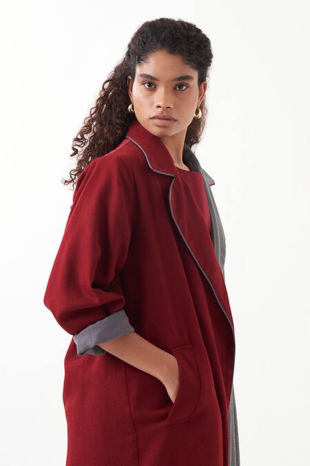 Three Maroon Jacket Wool And Melange Plain Jacket Lapel Color Block & Skirt Set at Aza Fashions Three_Maroon Jacket Wool And Melange Plain Jacket Lapel Color Block & Skirt Set _at_Aza_Fashions