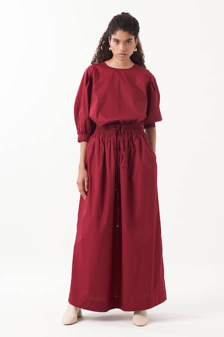 Three_Maroon Poplin Plain Round Neck Top With Maxi Skirt _Online_at_Aza_Fashions