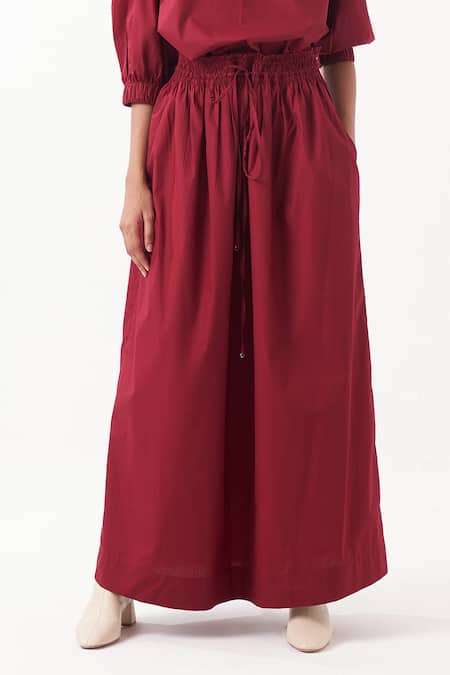 Buy_Three_Maroon Poplin Plain Round Neck Top With Maxi Skirt _Online_at_Aza_Fashions