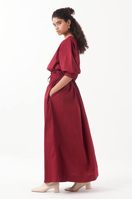Shop_Three_Maroon Poplin Plain Round Neck Top With Maxi Skirt _Online_at_Aza_Fashions