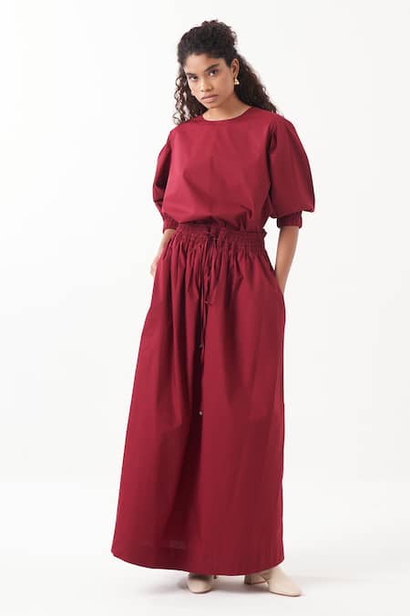 Three_Maroon Poplin Plain Round Neck Top With Maxi Skirt _at_Aza_Fashions