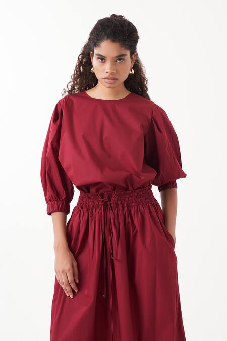 Buy_Three_Maroon Poplin Plain Round Neck Top With Maxi Skirt 