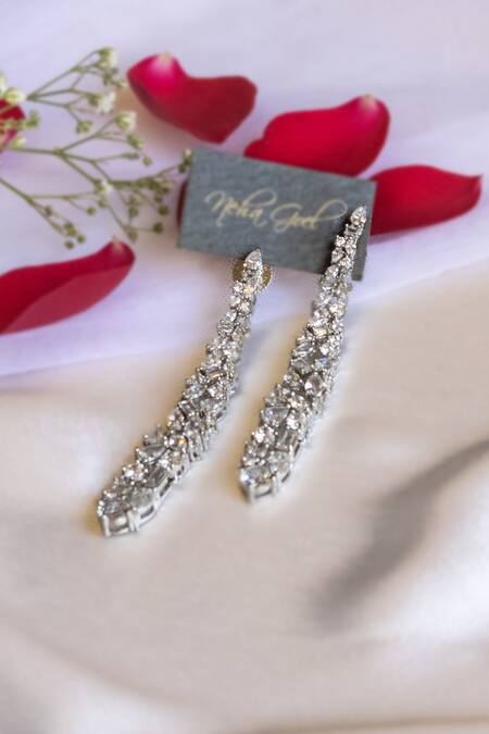 Nepra By Neha Goel_White Zari Zirconia Embellished Danglers_Online_at_Aza_Fashions