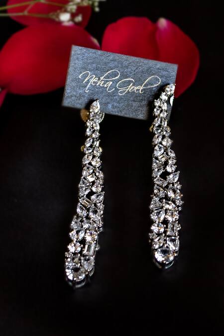 Buy_Nepra By Neha Goel_White Zari Zirconia Embellished Danglers_Online_at_Aza_Fashions