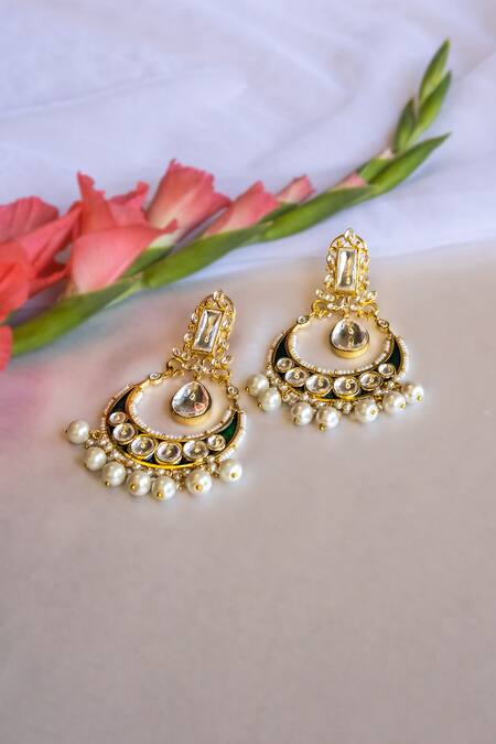 Shop Nepra By Neha Goel Green Pearls, Piping, Stones Kundan Studded Chandbalis at Aza Fashions Shop_Nepra By Neha Goel_Green Pearls, Piping, Stones Kundan Studded Chandbalis_at_Aza_Fashions