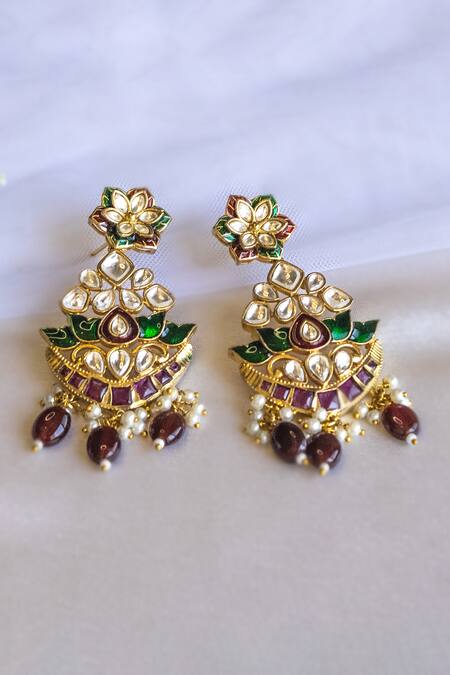 Shop Nepra By Neha Goel Red Beads, Diamonds Floral Shaped Chandbalis at Aza Fashions Shop_Nepra By Neha Goel_Red Beads, Diamonds Floral Shaped Chandbalis_at_Aza_Fashions
