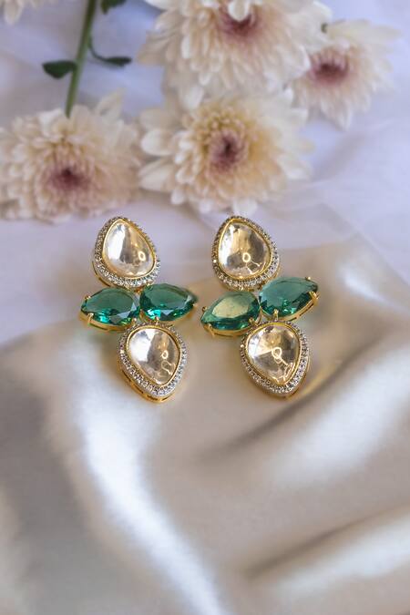 Shop Nepra By Neha Goel Green Stones, Zari Tear Drop Shaped Danglers at Aza Fashions Shop_Nepra By Neha Goel_Green Stones, Zari Tear Drop Shaped Danglers_at_Aza_Fashions