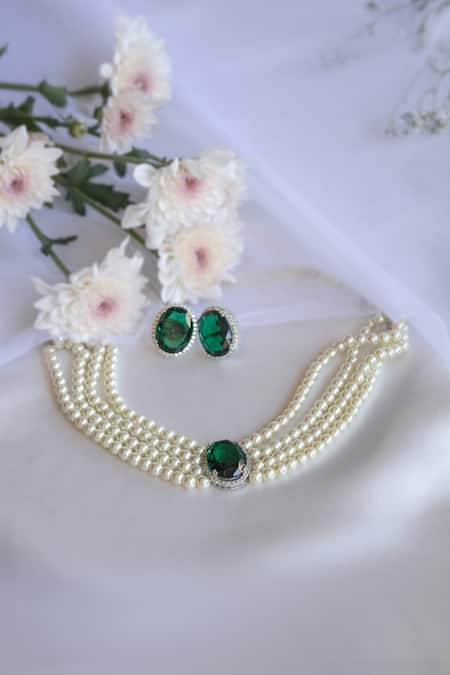 Nepra By Neha Goel Green Stone Pearl Embellished Pendant Choker Set 