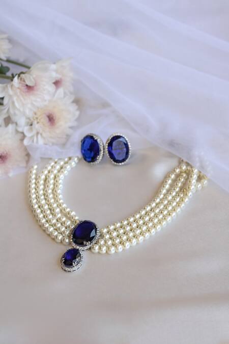 Shop Nepra By Neha Goel Blue Zari Zirconia Embellished Pendant Choker Set at Aza Fashions Shop_Nepra By Neha Goel_Blue Zari Zirconia Embellished Pendant Choker Set_at_Aza_Fashions