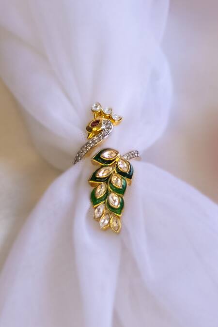 Shop Nepra By Neha Goel Gold Plated Gota Patti Peacock Shaped Ring at Aza Fashions Shop_Nepra By Neha Goel_Gold Plated Gota Patti Peacock Shaped Ring_at_Aza_Fashions