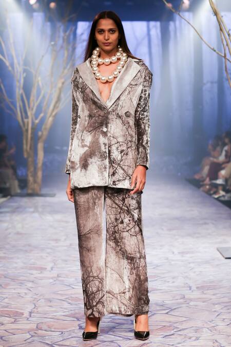 Buy_Nirmooha_Grey Velvet Forest Print Blazer With Pant _Online_at_Aza_Fashions