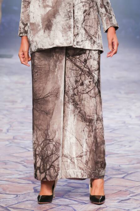 Shop_Nirmooha_Grey Velvet Forest Print Blazer With Pant _Online_at_Aza_Fashions