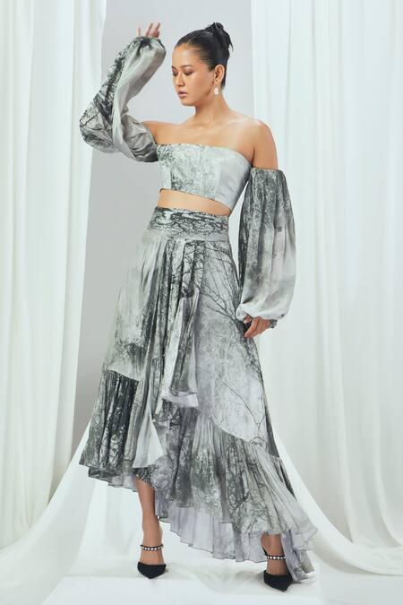 Nirmooha Grey Crepe Off-shoulder Forest Print Top With Skirt Online at Aza Fashions Nirmooha_Grey Crepe Off-shoulder Forest Print Top With Skirt _Online_at_Aza_Fashions