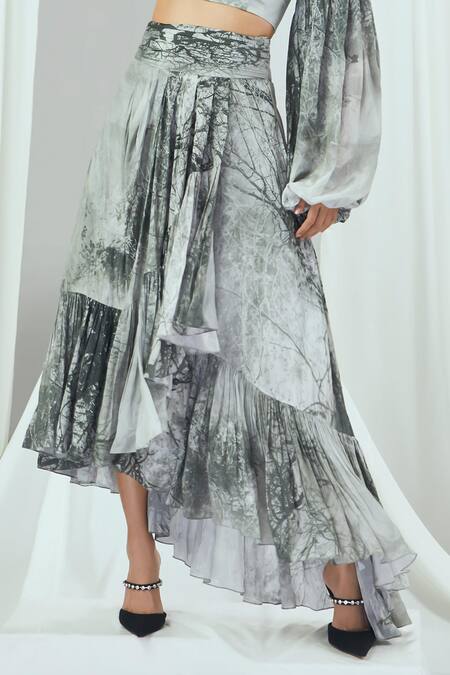 Buy Nirmooha Grey Crepe Off-shoulder Forest Print Top With Skirt Online at Aza Fashions Buy_Nirmooha_Grey Crepe Off-shoulder Forest Print Top With Skirt _Online_at_Aza_Fashions