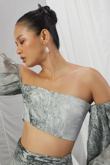 Nirmooha Grey Crepe Off-shoulder Forest Print Top With Skirt at Aza Fashions Nirmooha_Grey Crepe Off-shoulder Forest Print Top With Skirt _at_Aza_Fashions