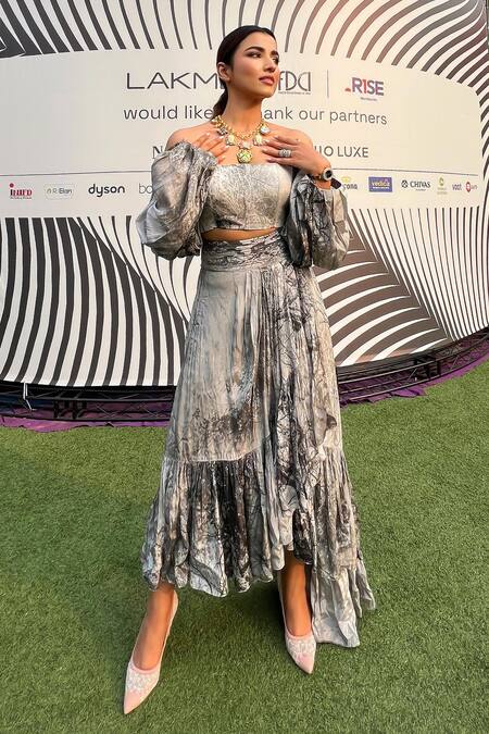 Buy Nirmooha Grey Crepe Off-shoulder Forest Print Top With Skirt Buy_Nirmooha_Grey Crepe Off-shoulder Forest Print Top With Skirt