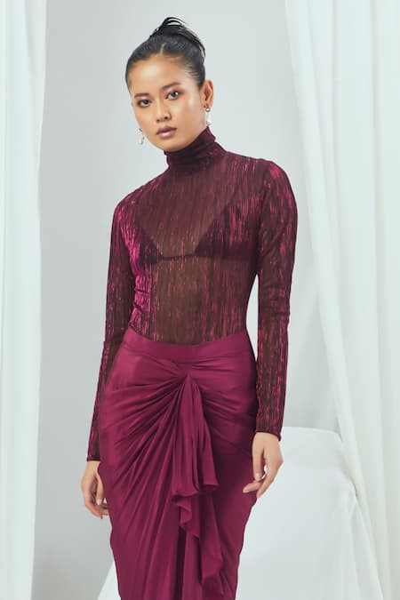 Nirmooha_Wine High Neck Metallic Sheer Monokini With Draped Skirt _Online_at_Aza_Fashions