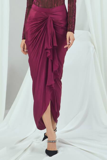 Buy_Nirmooha_Wine High Neck Metallic Sheer Monokini With Draped Skirt _Online_at_Aza_Fashions