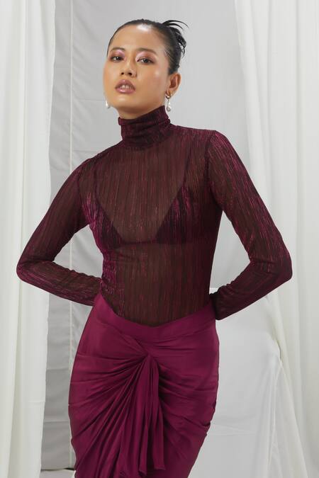 Shop_Nirmooha_Wine High Neck Metallic Sheer Monokini With Draped Skirt _Online_at_Aza_Fashions