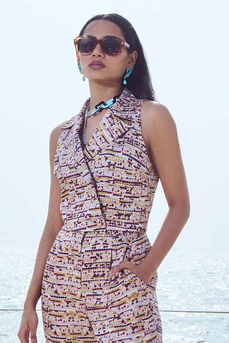 Nirmooha_Peach Modal, Satin Sequins Collared Print Waistcoat With Pant _Online_at_Aza_Fashions