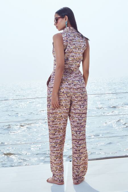 Shop_Nirmooha_Peach Modal, Satin Sequins Collared Print Waistcoat With Pant _Online_at_Aza_Fashions