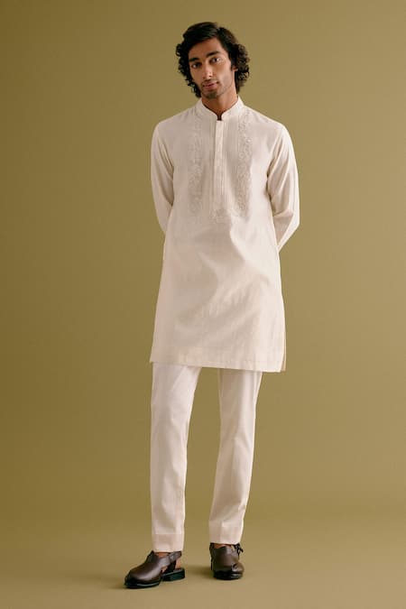 Devnaagri Ivory Silk Chanderi Embroidery Floral Dori Kurta With Pant 