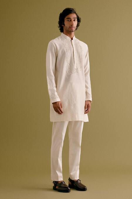 Devnaagri_Ivory Silk, Chanderi, Cotton Embroidery Floral Dori Kurta With Pant _Online_at_Aza_Fashions