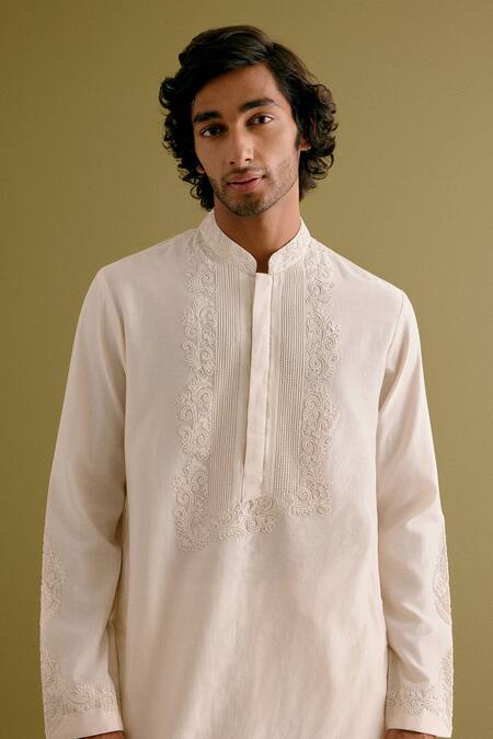 Buy_Devnaagri_Ivory Silk, Chanderi, Cotton Embroidery Floral Dori Kurta With Pant _Online_at_Aza_Fashions