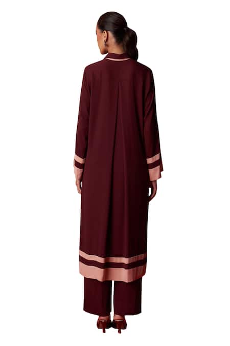 Buy_Dania Siddiqui_Wine Georgette Brooches Collared Nova Color Blocked Hem Tunic With Pant 