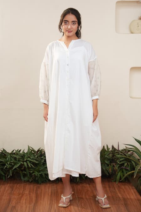 Shop_Ourdve_White Cotton, Chanderi Button-down Neck Down Floral Sleeve Dress _at_Aza_Fashions
