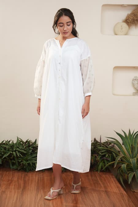 Ourdve_White Cotton, Chanderi Button-down Neck Down Floral Sleeve Dress _Online_at_Aza_Fashions